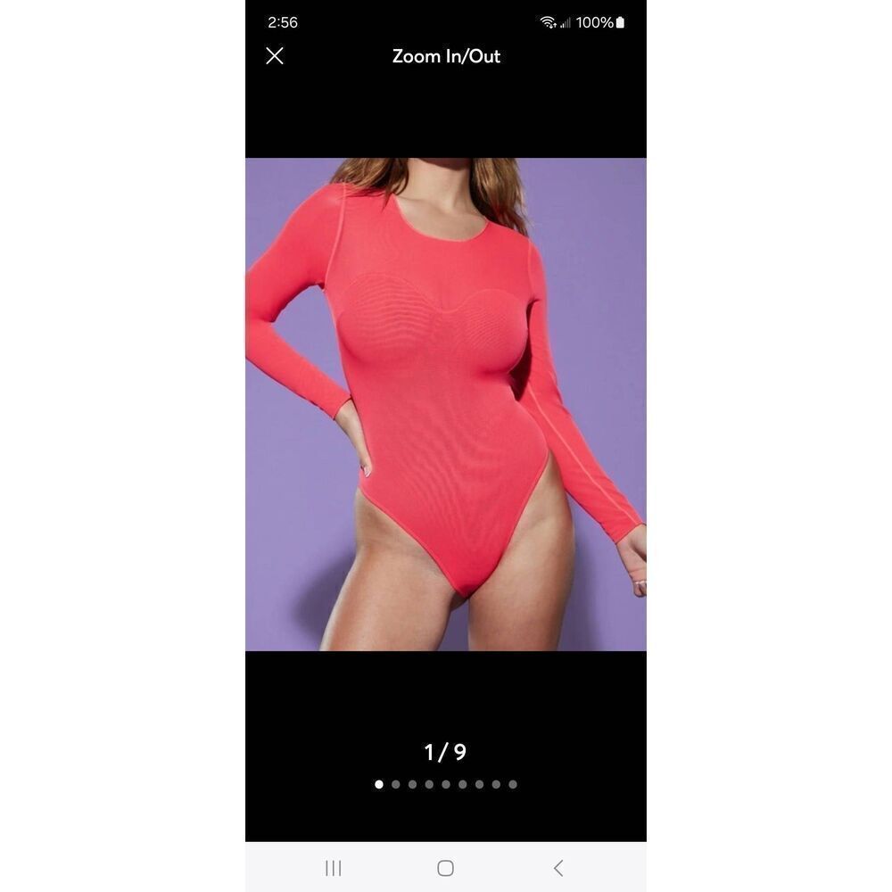 New Large Fabletics Yitty Neon Puss* Pink Mesh Smoothing Sleeved Thong Bodysuit